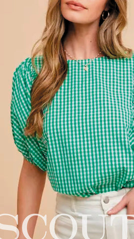 Sloane Green Gingham Puff-Sleeve Top